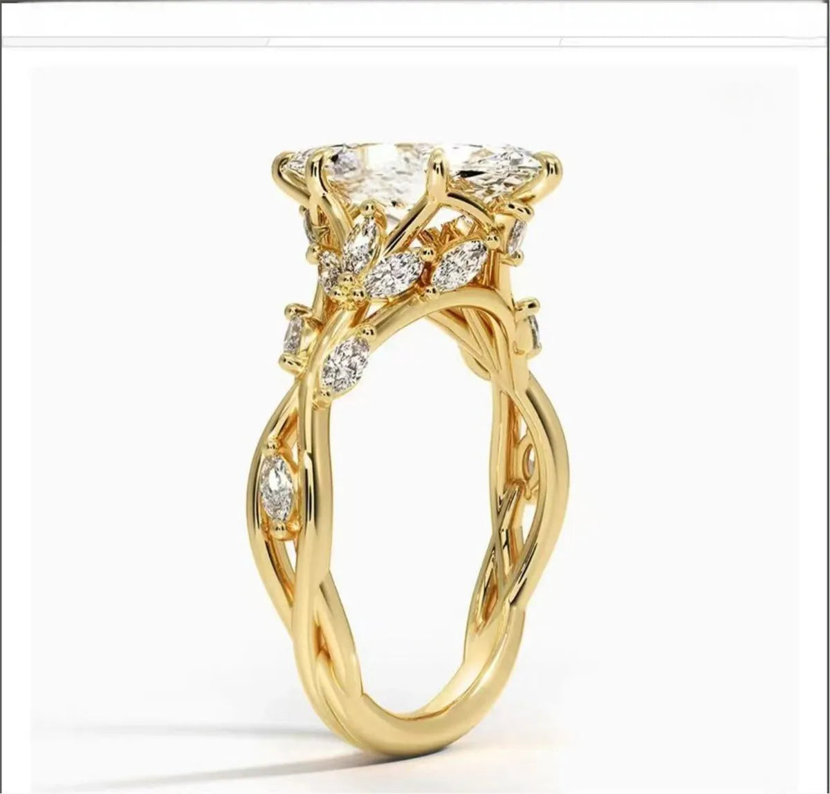 Custom 18K Solid Gold Lab-Grown Marquise Diamond 2 Carat E VVS2 Engagement Ring with Diamond Vine Design in 10K  YELLOW GOLD