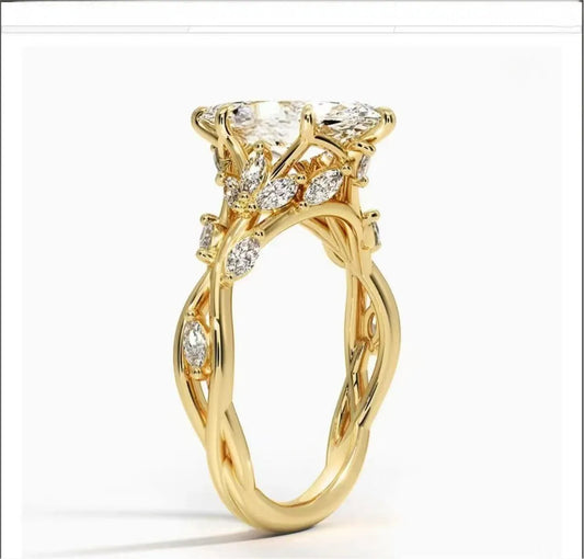 Custom 18K Solid Gold Lab-Grown Marquise Diamond 2 Carat E VVS2 Engagement Ring with Diamond Vine Design in 10K  YELLOW GOLD