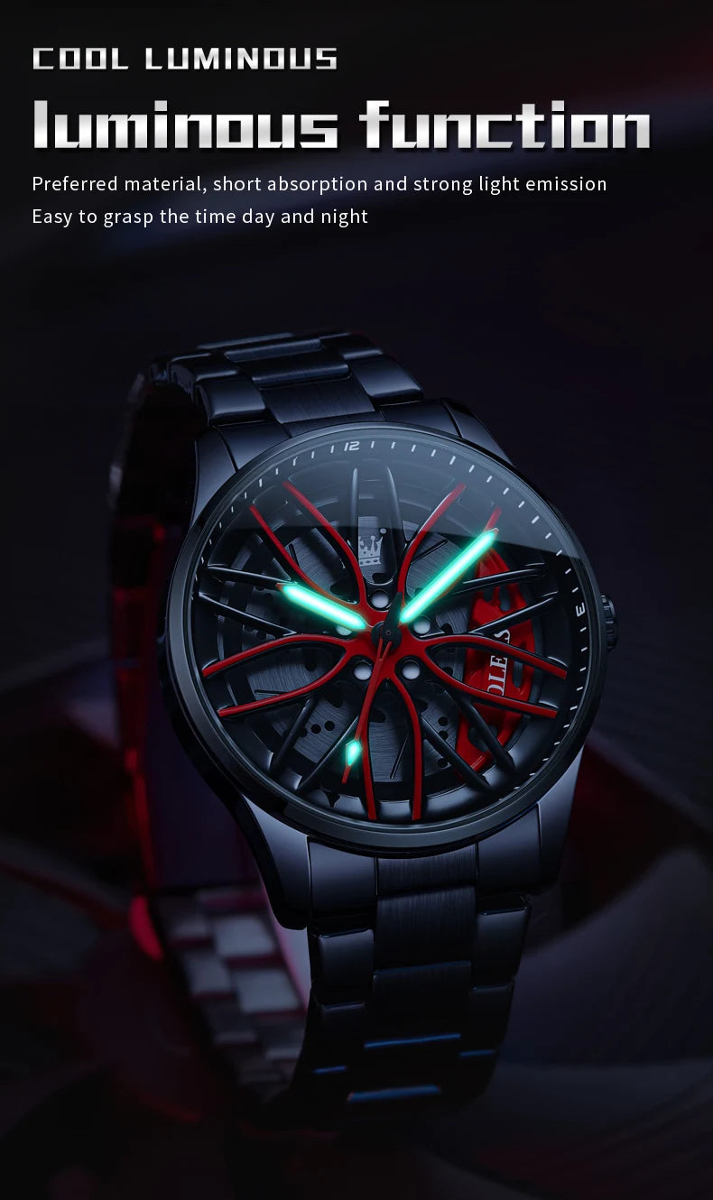Mens Watch Original Rotatable Wheel Hub Dial Fashion Trend Quartz Watch Waterproof Luminous