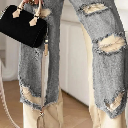 Women's Large Hole Patchwork Jeans High Waist Wide Legs Casual Bottoms Denim