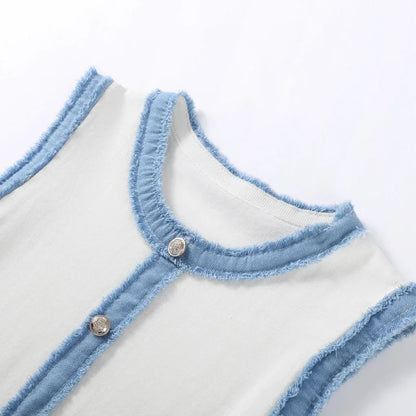 Denim Patchwork Skirts Round Collar Sleeveless Slim Dress Single-breasted Splicing