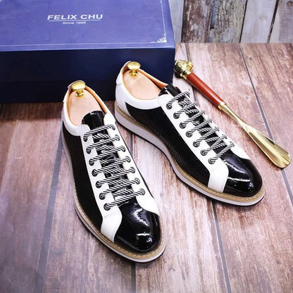 Luxury Brand Large Size Men's Flat Sneakers 6 to 13 Patent Leather Lace-up Black White Casual Shoes for Men