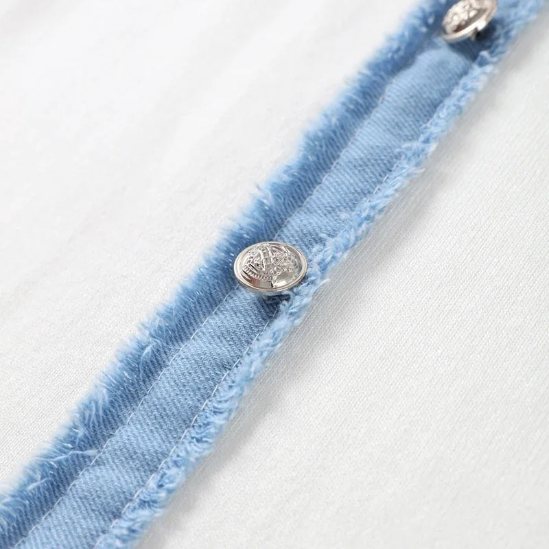 Denim Patchwork Skirts Round Collar Sleeveless Slim Dress Single-breasted Splicing