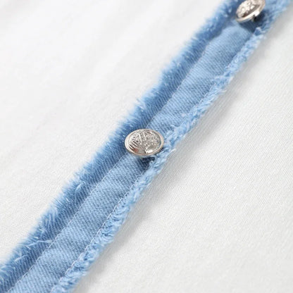 Denim Patchwork Skirts Round Collar Sleeveless Slim Dress Single-breasted Splicing
