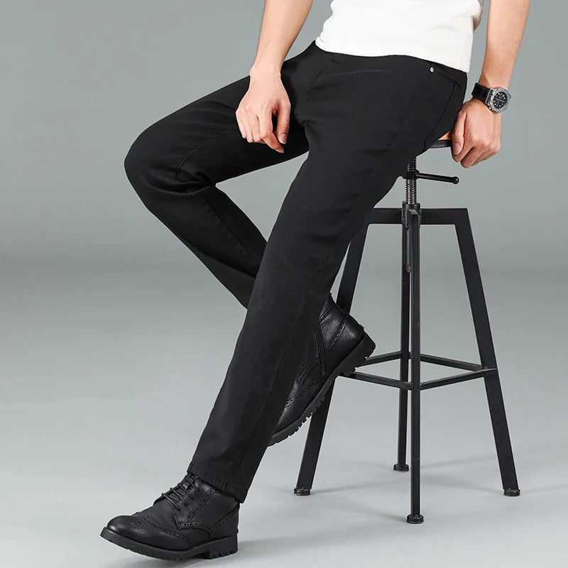 Men's pure black jeans straight fit comfortable and elastic