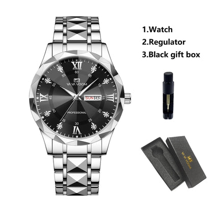 Men Watch Water Diamond Luxury Night Glow Double Calendar Quartz Movement 41mm Blue Gold Stainless Steel