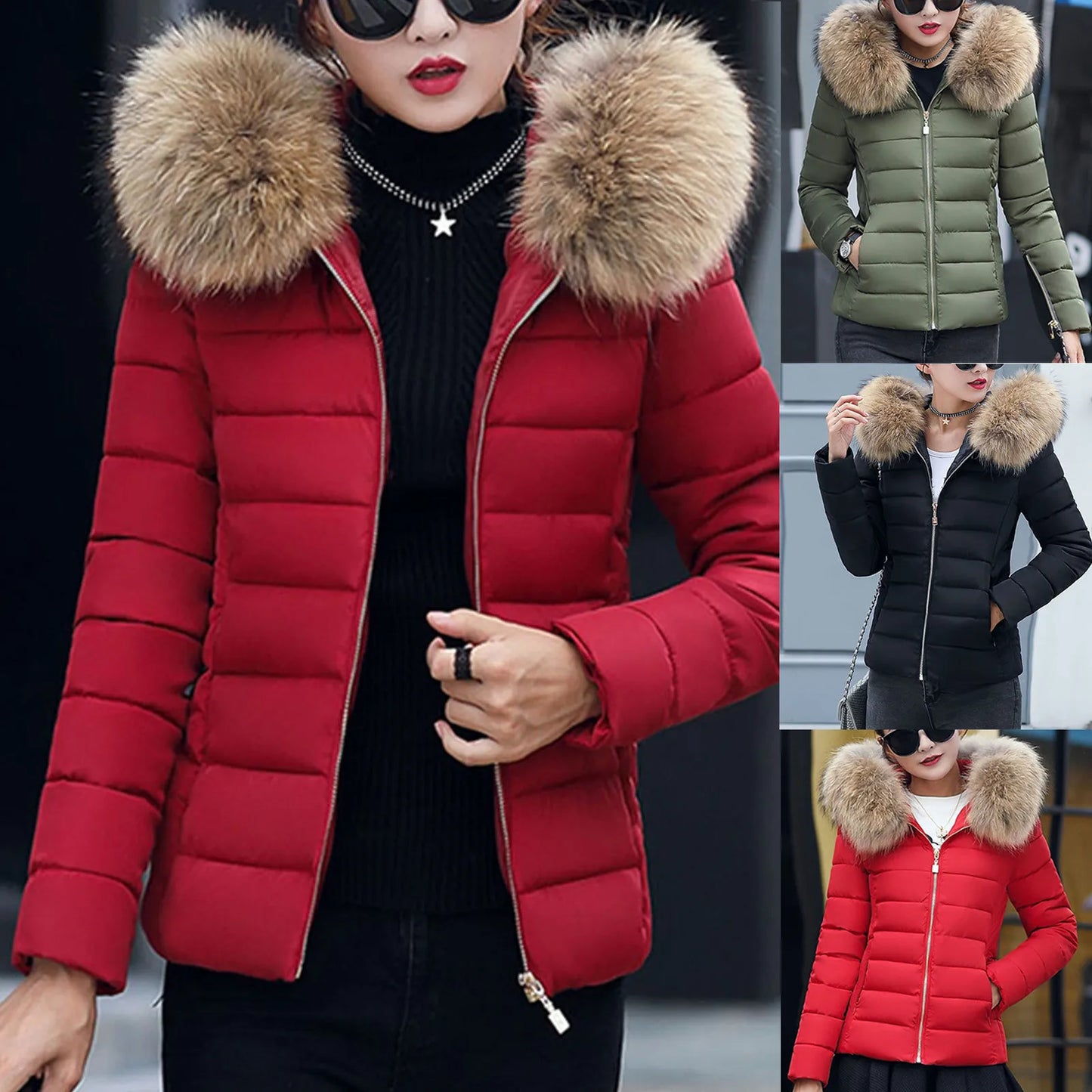 New Autumn Winter Jacket Womens Parkas Fur Collar Hooded Coats Casual Short Jacket Female Slim Cotton Padded Warm Outerwear