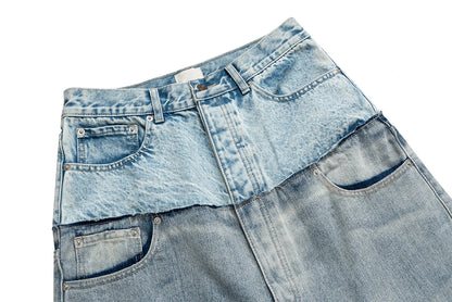 CUT-UP Double-layer Double Waist Patchwork Baggy Jeans for Men and Women Straight Casual Loose