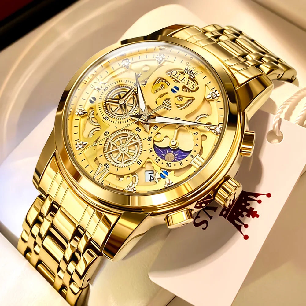 Top Brand Luxury Original Waterproof Quartz Watch for Man Gold Skeleton Style 24 Hour Day Night New
