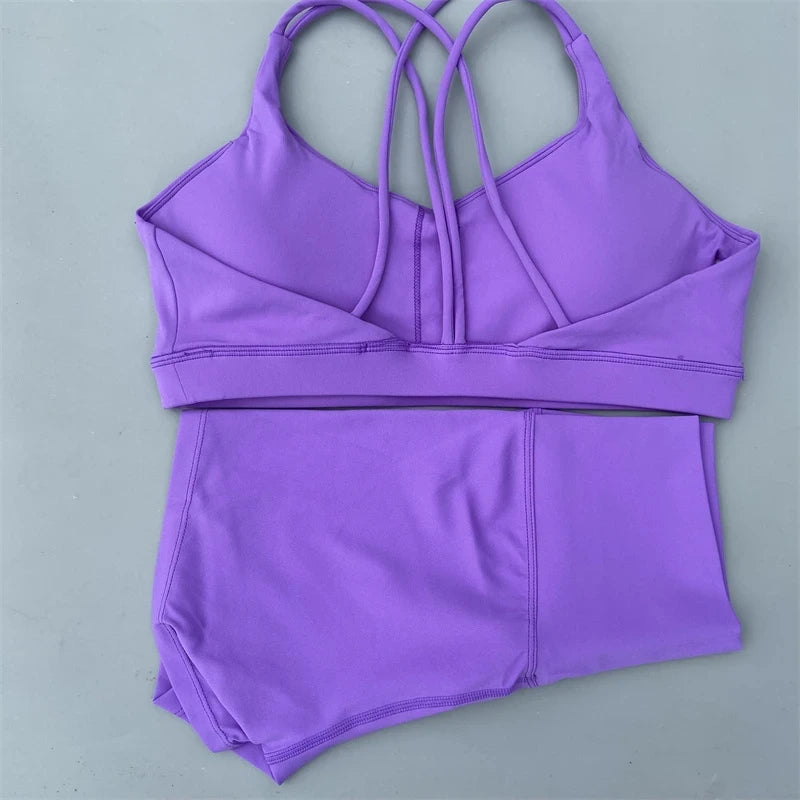 Solid Color Gym Bike Yoga Set Short Legging +Cross Sport Bra Tracksuit Athletic Women Gym Suit Comprehensive Training Jogging