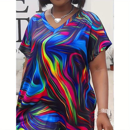 Multicolor Casual Print Patchwork V Neck Short Sleeve Dress