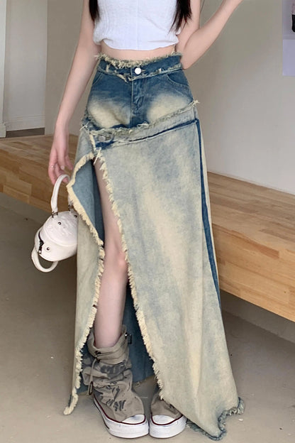 Women Patchwork A-line Skirt Vintage Y2k 90s Aesthetic Skirt with Slit Harajuku Korean Elegant Skirts 2000s Clothes 2024 Summer