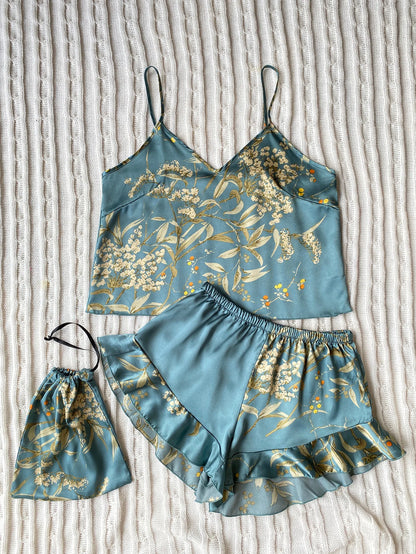 Elegant Floral Print Cami Tops   Ruffle Hem Shorts Pajama Set  Women's Sleepwear