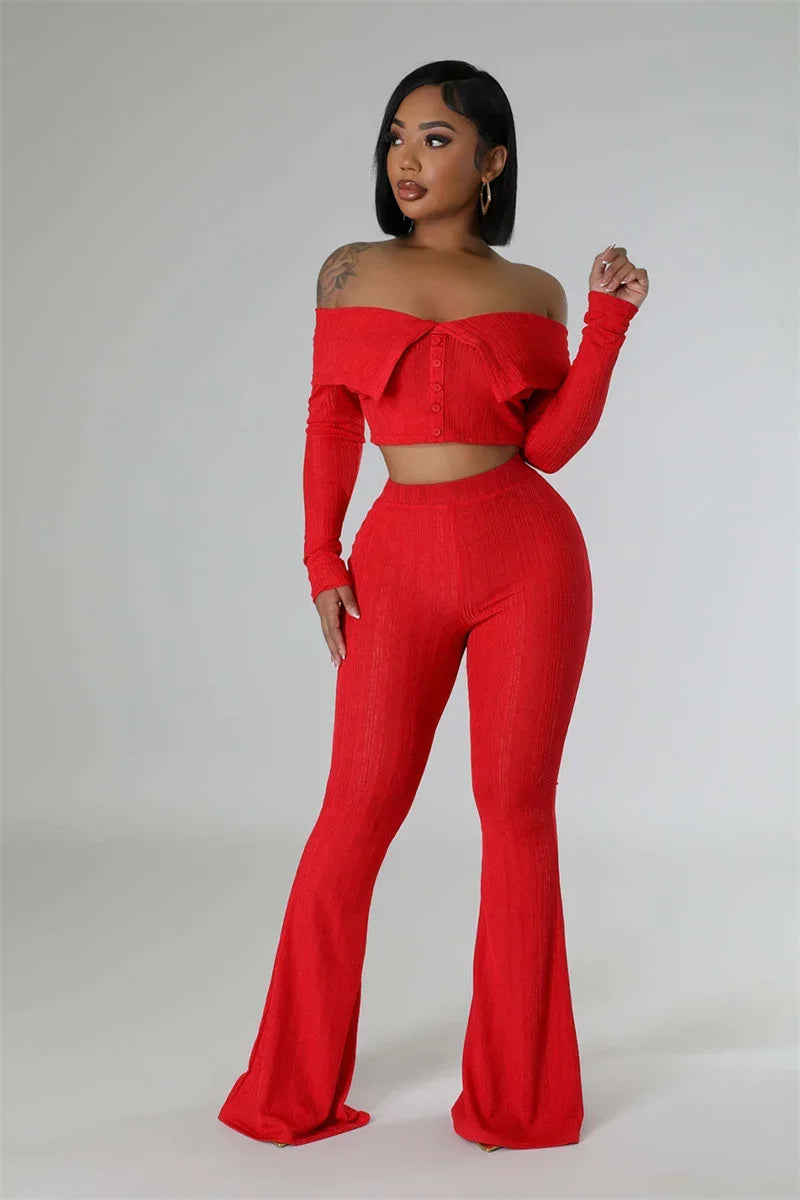 Knitted Two Piece Set Off Shoulder Slash Neck Crop Top and Flare Pants Set
