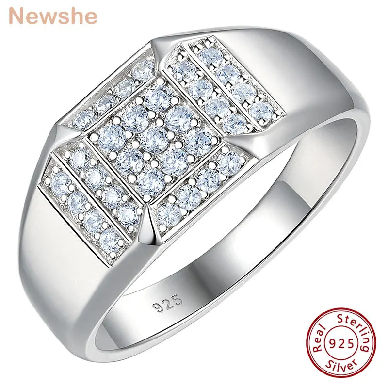 Newshe Solid 925 Sterling Silver Men's Rings Brilliant Round Cut 5A Grade Cubic Zircon Wedding  Ring for Him Fine Jewelry