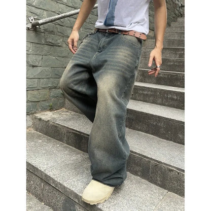 Men's Hip Hop Loose Jeans Y2K Retro Casual Wide Leg Jeans Flared Pants