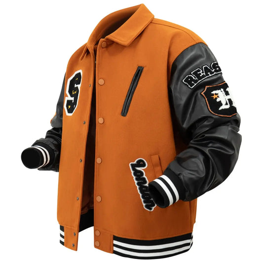 Mens Vintage Turn-down Collar Bomber Jacket Loose Letter Embroidery Coat Motorcycle Jacket