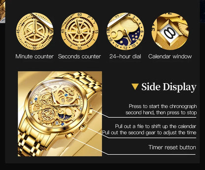 Top Brand Luxury Original Waterproof Quartz Watch for Man Gold Skeleton Style 24 Hour Day Night New