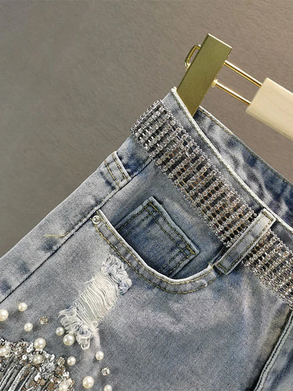 Elegant Shorts Lady Tassel Beading High Waist Wide Leg Denim Casual Solid Shorts Jeans