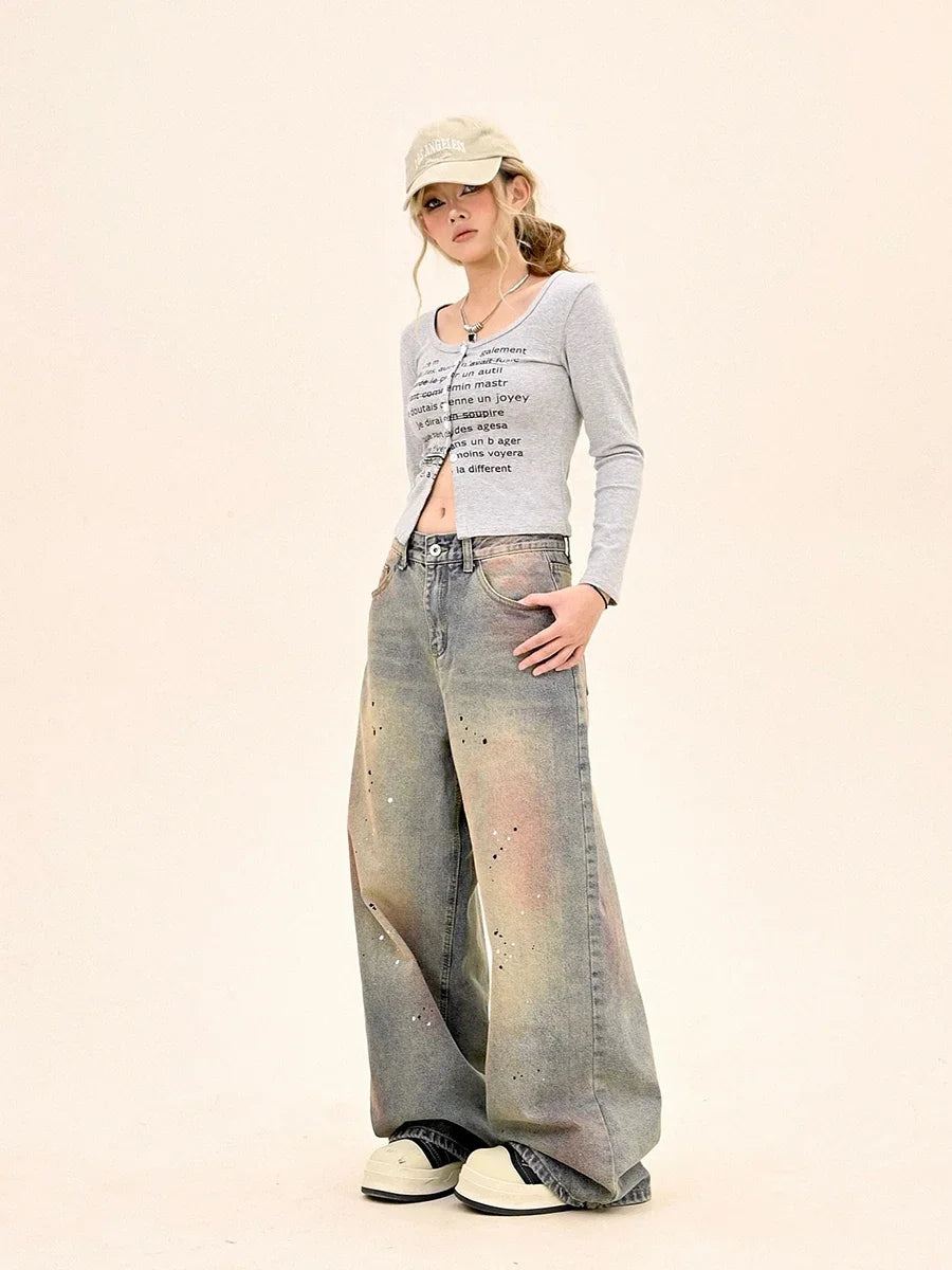 American Fashion Tie-Dye Graffiti Straight Leg Wide Jeans Straight Leg Loose Jeans Hip-hop Street Baggy Jeans
