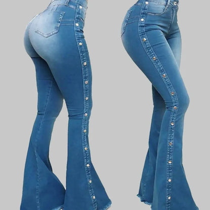 High Waist Strecth Denim Flare Pants Female Floor Length