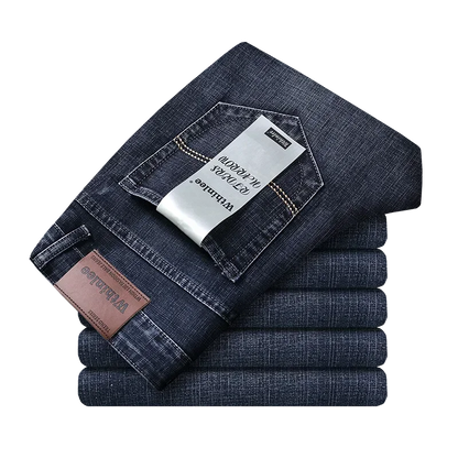 Men Classic Jeans Straight Regular Blue Stretch Denim Trousers Men's