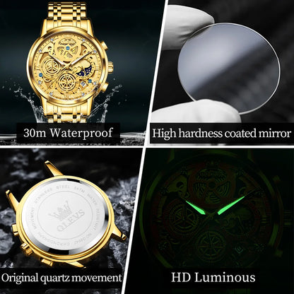 Top Brand Luxury Original Waterproof Quartz Watch for Man Gold Skeleton Style 24 Hour Day Night New