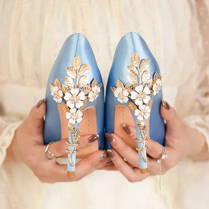 Women's Metal Flowers Stiletto High-heel Shoes Female  Light Luxury Wedding Shoes Pointed Toe