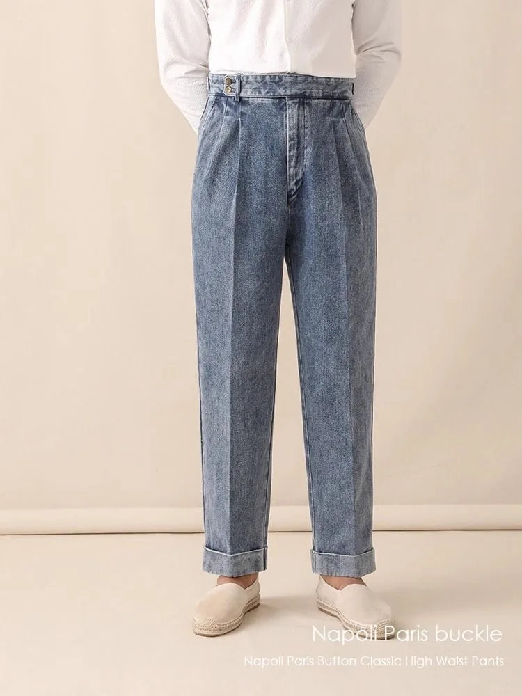 Men Naples Jeans British Styles Waist Buckle Casual Denim Pants