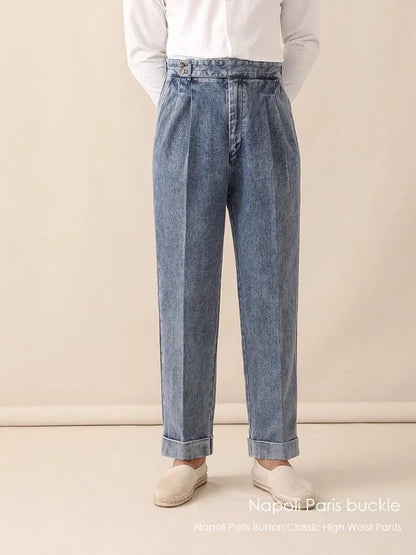 Men Naples Jeans British Styles Waist Buckle Casual Denim Pants