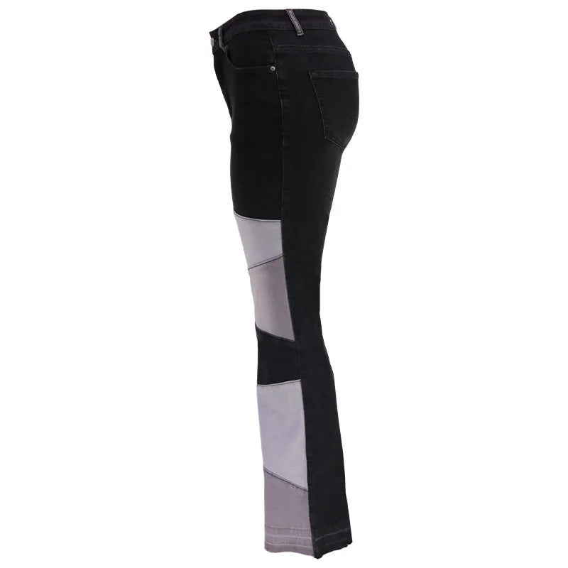 Women Flare Jeans Casual Pants Pannelled Collision High Waist Fit Female High Quality