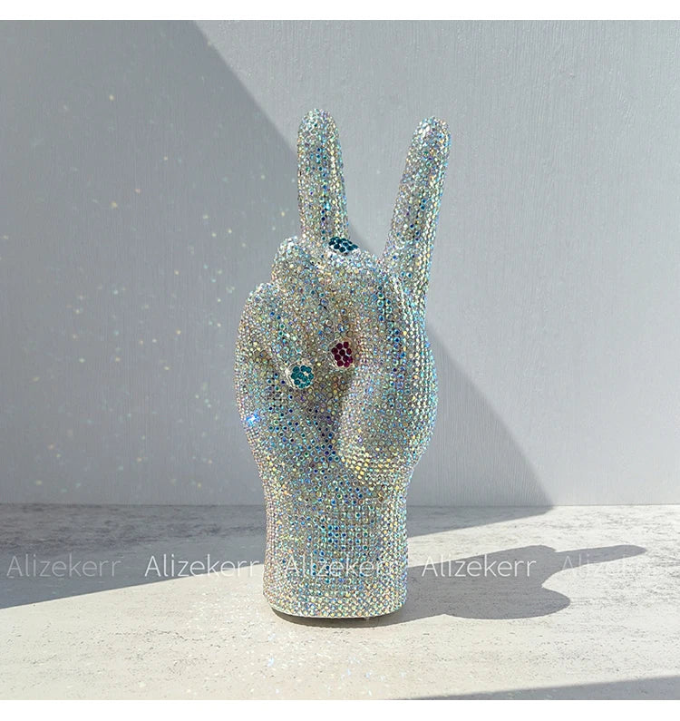 Victory Hand Shaped Diamond Evening Luxury Designer Unique Stylish Rhinestone Purse