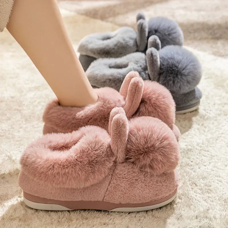 Fluffy Snow Boots Winter Warm Rabbit Ears Thick Bottom Cotton Shoes Anti Slip Solid Color - Fashionqueene.com