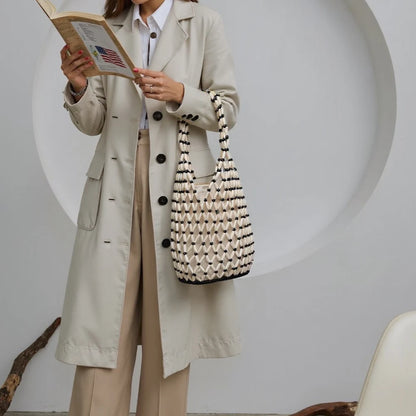 Women Hollow-out Bucket Bags Woven Hand Bag Wooden Bead Shoulder Bags Beach Top-Handle Bags Summer Netted Canvas Tote Handbag