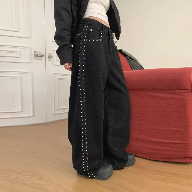 Metal Rivet Wide Leg Jeans Trousers Baggy Low Rise Pockets Denim