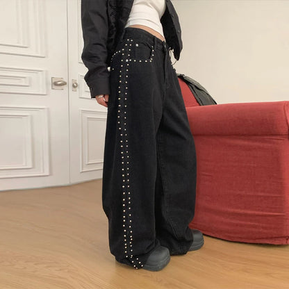 Metal Rivet Wide Leg Jeans Trousers Baggy Low Rise Pockets Denim