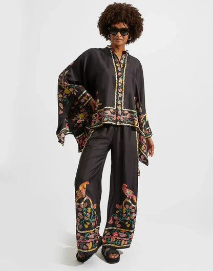 Vintage Print Pants Sets Women Irregular Loose Long Sleeve Shirt Wide Leg Trousers Two Piece Set Female Fashion Trend Streetwear