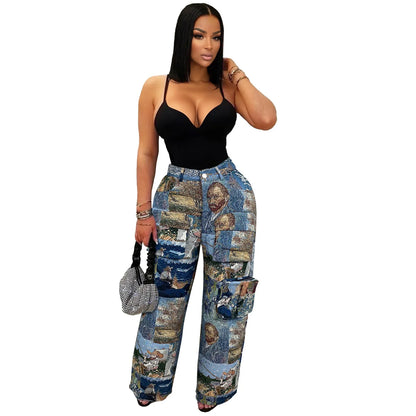 3D Print Wide Leg Cargo Active Hip Hop Straight Sweatpants Trousers