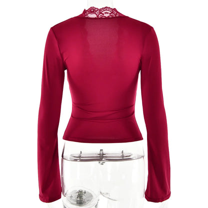 Lace Patchwork Tee Women Flare Sleeve Slim V-neck Tank Top Lady Streetwear Crop Top Shirt