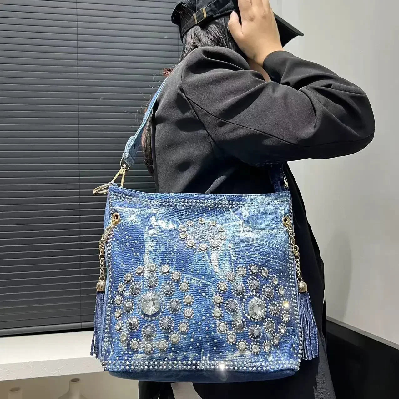 Gradient Diamond Elegant Shoulder Bag Large Capacity Diamond Denim Handbag