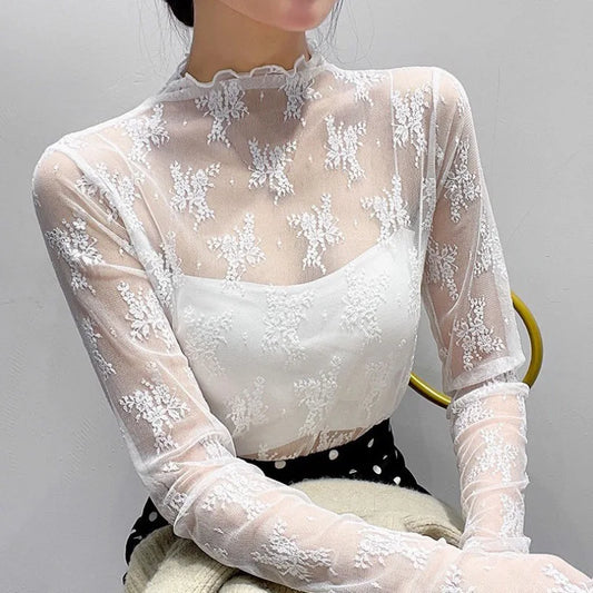Hollow Out Mesh T-Shirt Transparent Mesh female Tops Long sleeve Basic Shirts SeeThrough Turtleneck