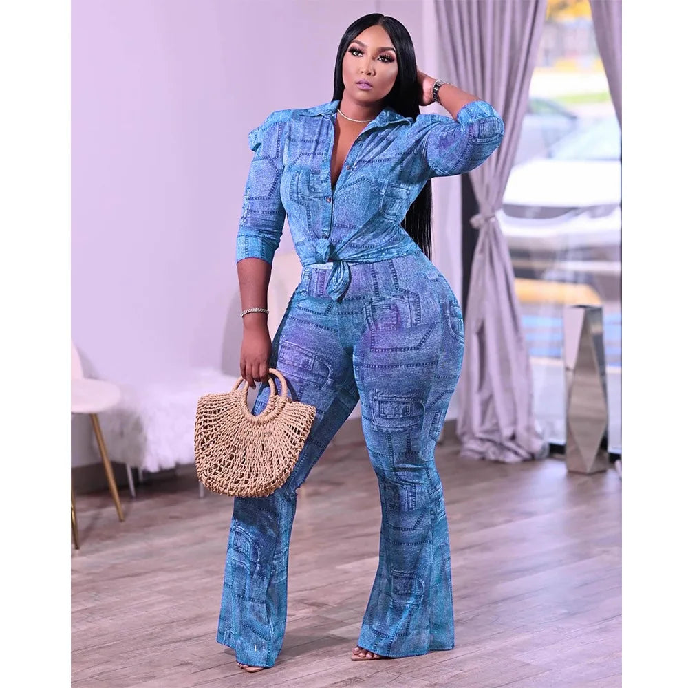 Long Sleeve Stretch Chiffon Print Denim Two Piece Set Plus Size