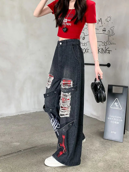 Women's Black Gothic Baggy Jeans Y2K Japanese Harajuku High Street High Waist Fashion Loose Wide Leg Retro Jeans Clothing 2025