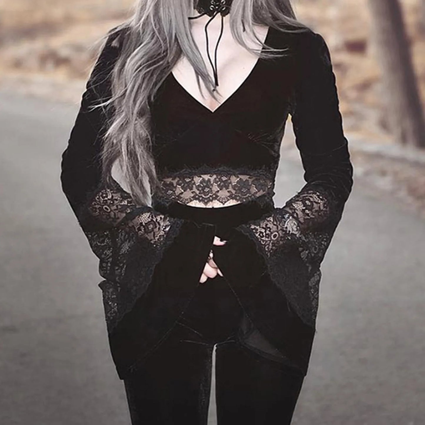 Gothic Lace Shirts Hollow Flare Long Sleeve V Neck Black Tops Retro Shirt