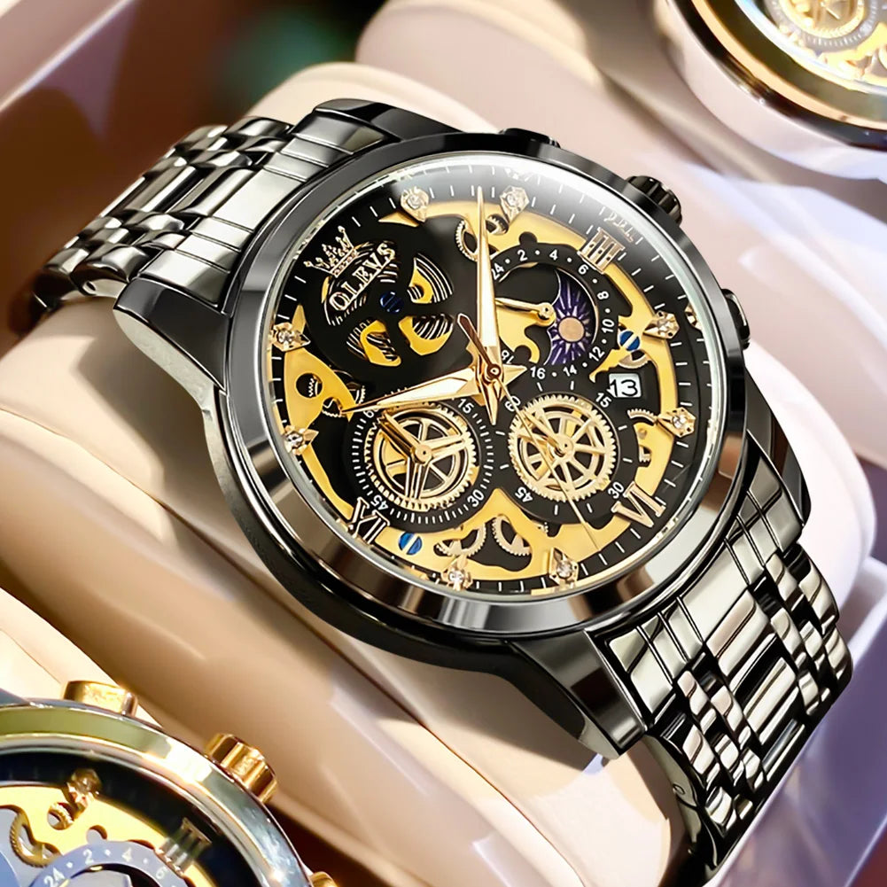 Top Brand Luxury Original Waterproof Quartz Watch for Man Gold Skeleton Style 24 Hour Day Night New