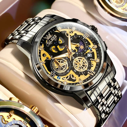 Top Brand Luxury Original Waterproof Quartz Watch for Man Gold Skeleton Style 24 Hour Day Night New