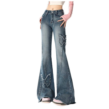 Y2k High Street Flare Jeans Retro Punk High Waist Wide Frayed Butterfly Low Rise