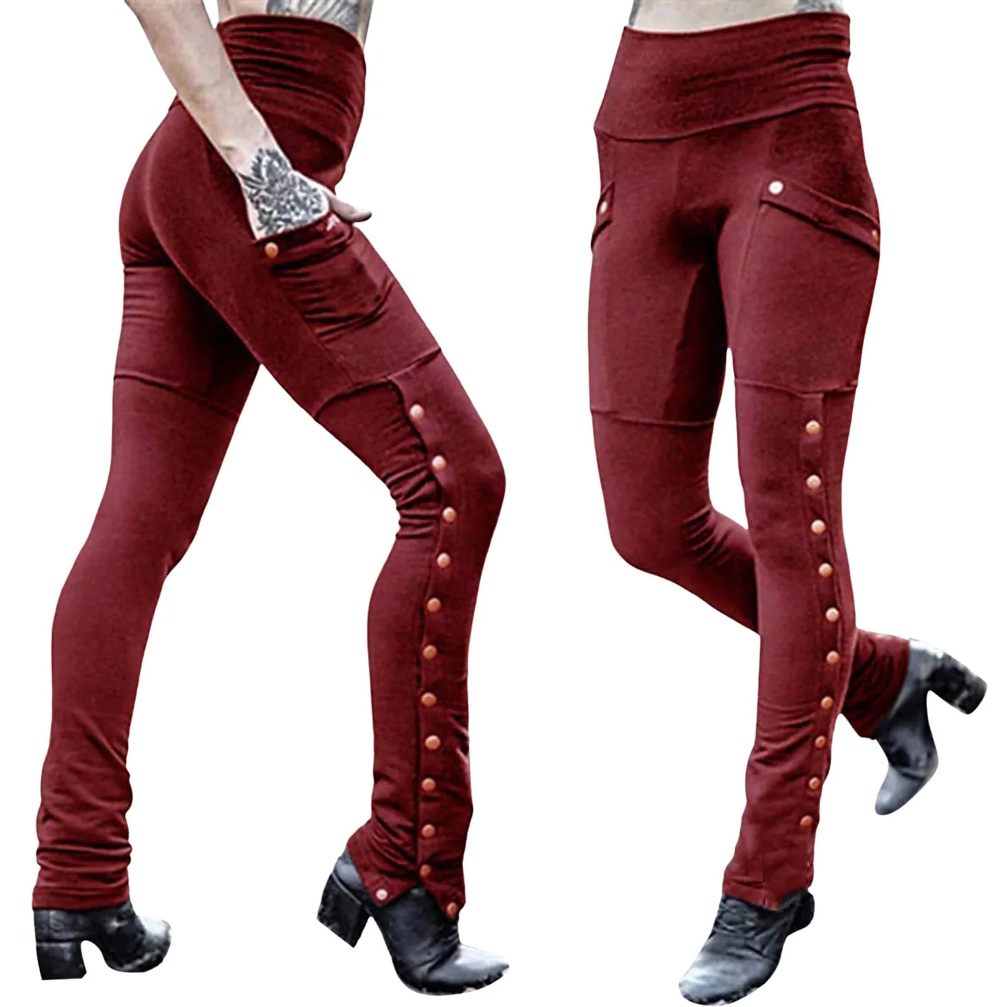 Medieval Gothic Steampunk Rivet Split Leg Pants Elastic Pocket Pencil Pants