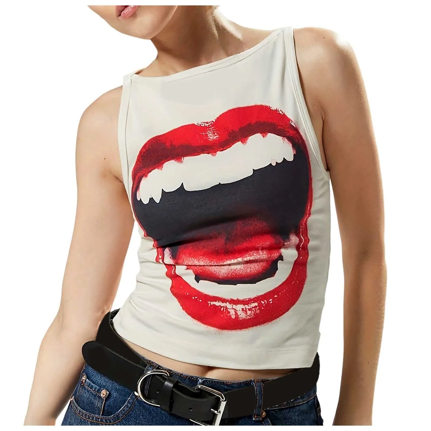 Casual Sleeveless Vest Slim Fit Big Mouth Print Personality T Shirt