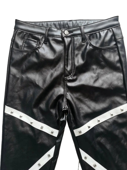 Men's Gothic Rock Punk Biker Slim Faux PU Leather Patchwork Studded Stretch Trousers